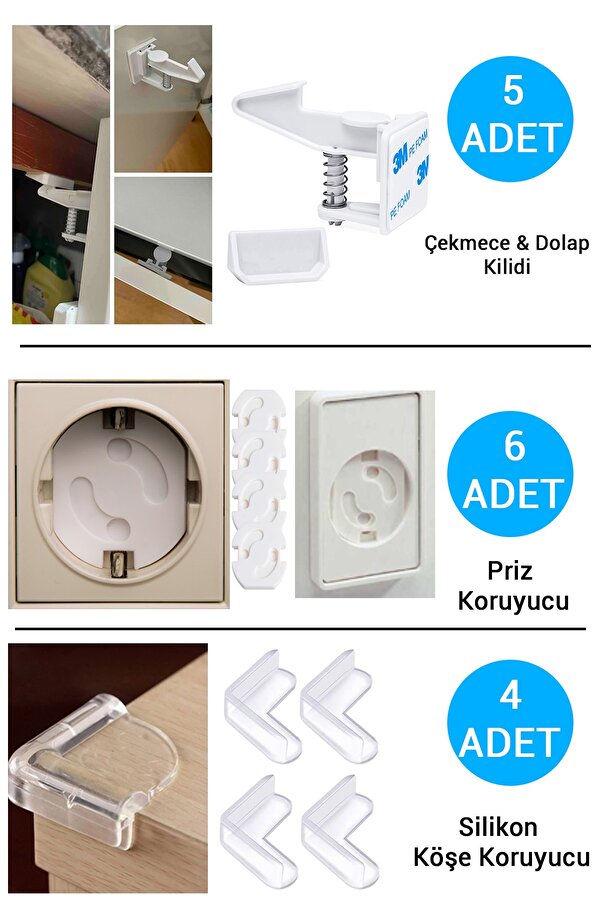 Baby Lock Çocuk Bebek Güvenlik Emniyet Seti,5 Çekmece Dolap Kilidi,4 Masa Köşe Koruyucu, 6 Priz Koruyucu