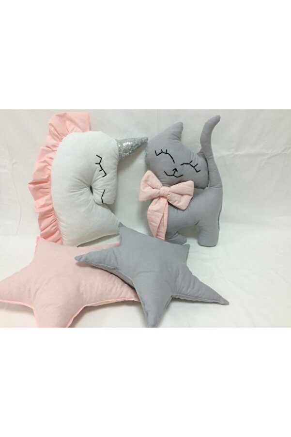 Ege HOME Decoration&Accessories Pembe Gri Beyaz 4'lü Dekoratif Yastık Seti Unicorn Kedi Yıldız