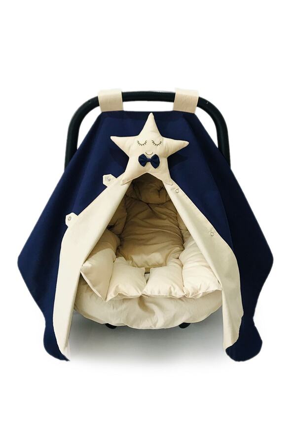 Atölye Eda Exclusive Lacivert-krem Puset Örtüsü Minderi Çarşafı 3 Parça