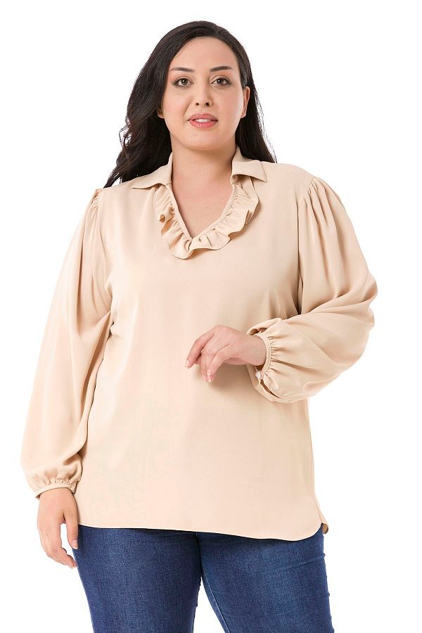 DISENTIS MODEST-Plus Size Flowing Beige Blouse with Ruffled Collar, Shirred Shoulders and Sleeves and Buttons 1