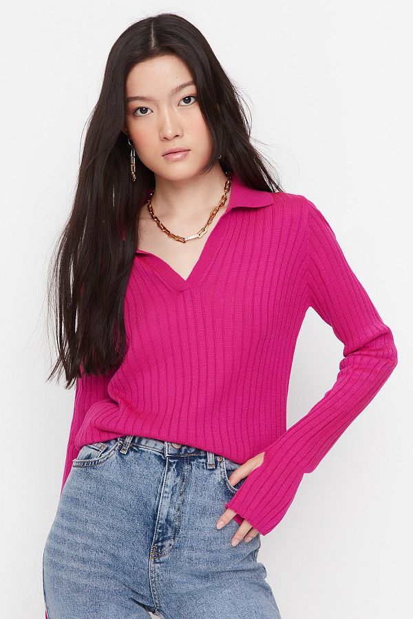 Trendyol Collection-Fuchsia Ärmel Detail Polo Kragen Trikot Pullover TWOAW21KZ1113 1