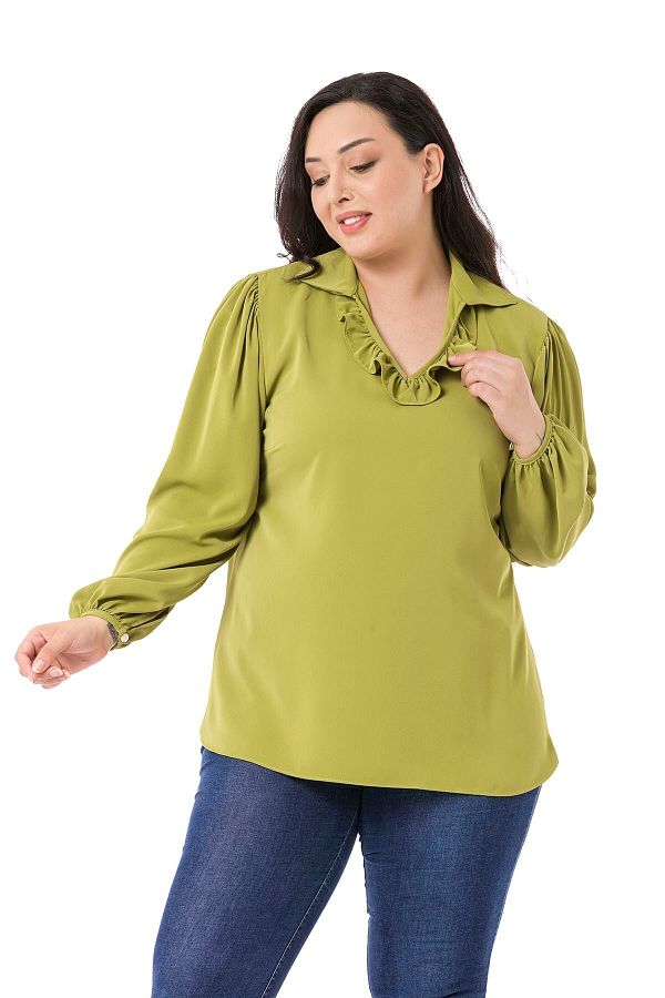 DISENTIS MODEST-Green Plus Size Blouse - Ruffle Collar, Drawstring Shoulder and Buttoned Sleeve 1