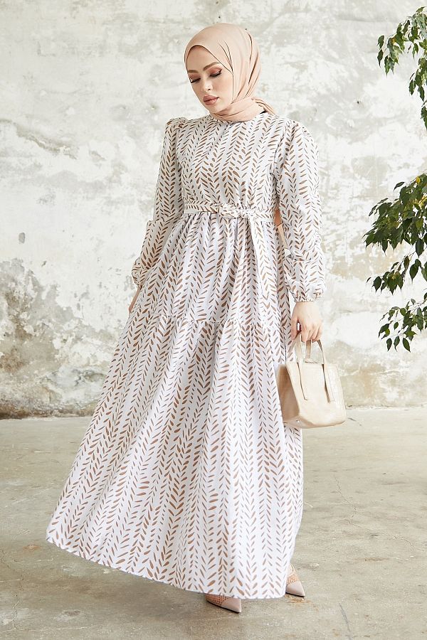 InStyle-Crispy Leaves Elegant Belted Dress - Tan 1