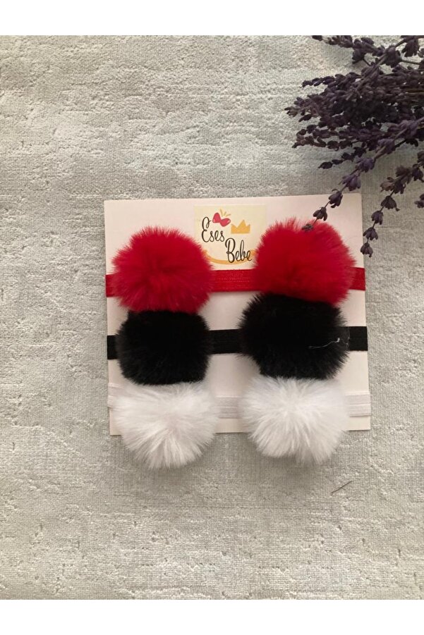 ESES BEBE Bebek Çocuk 3'lü Peluş Ponpon Bandana Set