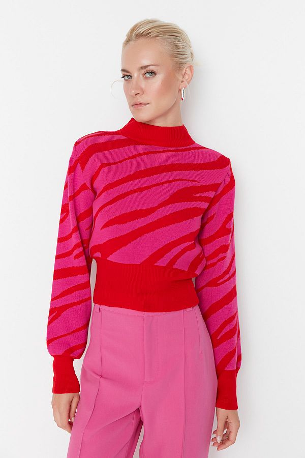 Trendyol Collection-Pulover din tricot cu model cu flori de rodie și zebră TWOAW21KZ0010 1