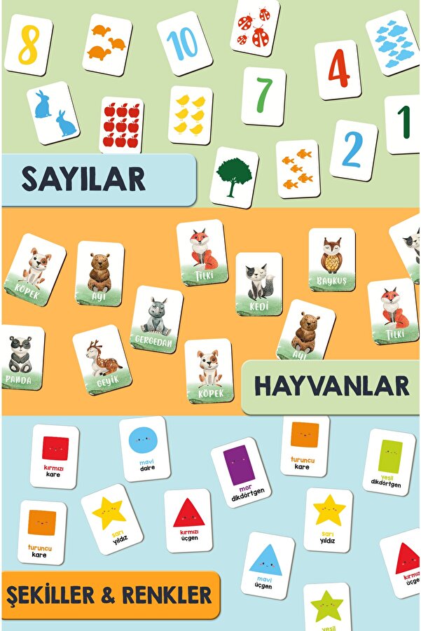 Enjoymydesign Ahşap Hafıza Oyunu 3lü Set Zeka Kartları Eşleştirme Oyunu Hayvanlar Sayılar Şekiller Renkler Oyun