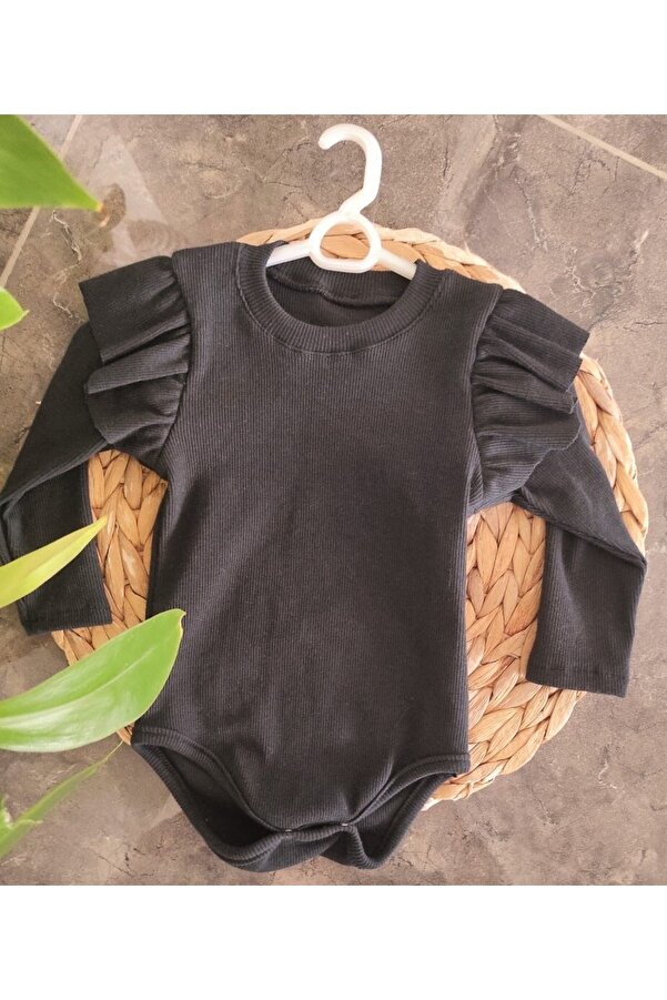 AKİF GİYİM Kız Bebek Uzun Kol Fırfırlı Alttan Çıtçıtlı Fitilli Pamuklu Ribana Body