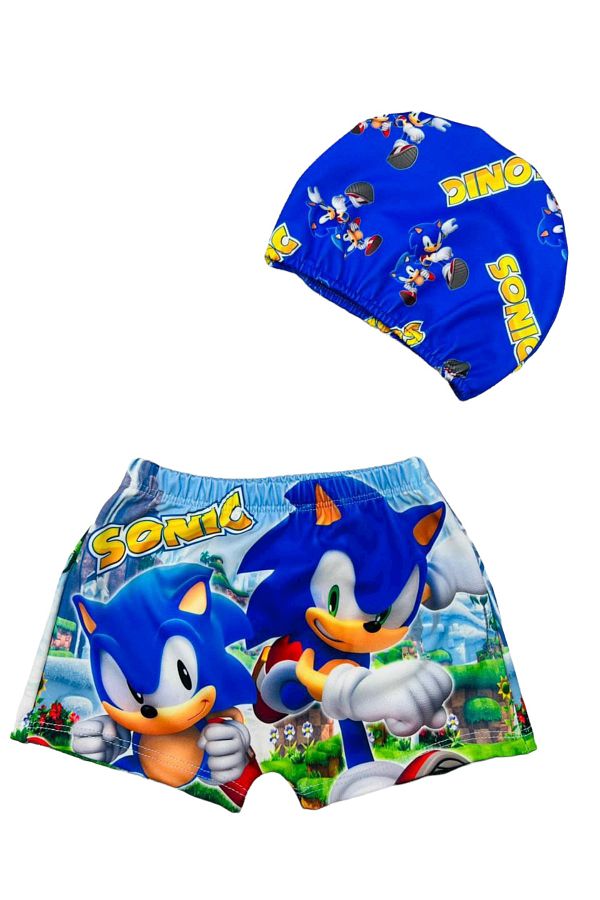 Lolliboomkids Boy s Naughty Sonic the Hedgehog Pattern Swimsuit Bonnet Set of 2