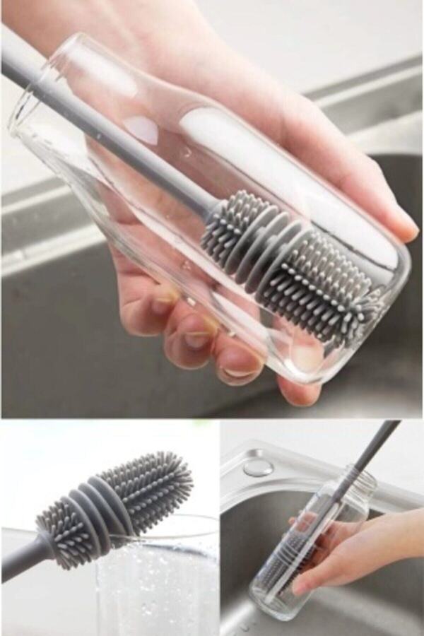 Kitchen Beauty Biberon Temizleme Fırçası Silikon Süt Şişe Yıkama Fırçası 360 Derece Döner Fonksiyonlu Uzun Saplı