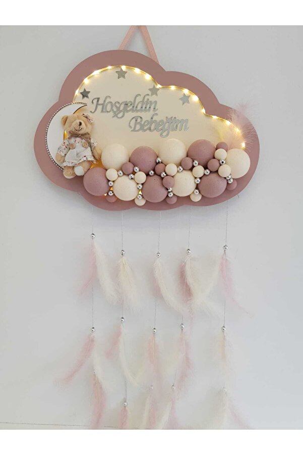 HD Different Kapı Süsü Ledli Bubble Ayıcıklı Ahşap Bulut Pano