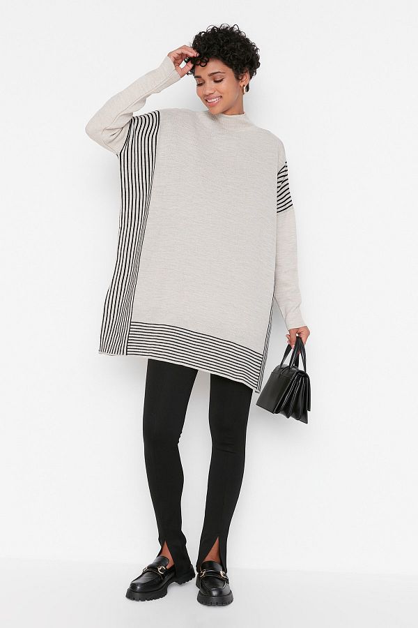 Trendyol Modest-Pulover poncho din tricotaje cu dungi bej TCTAW23KZ00076 1