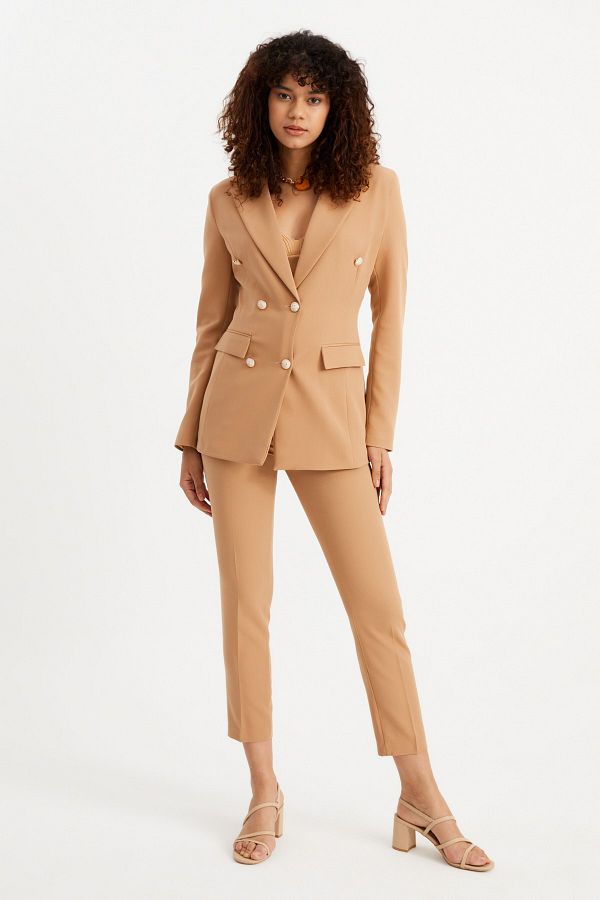 Rmz Style Buttoned Fake Pocket Blazer Jacket Pipe Leg Belt Pocket Stretchy Pants Suit Trendyol