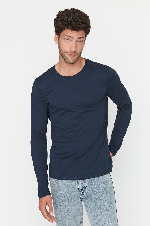 Trendyol Collection-Sötétkék hosszú ujjú nyakú 100% pamut tok póló - TMNAW21TS0208 1