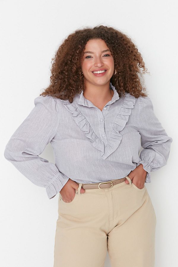 Trendyol Curve-Gray Color Woven Blouse with Frill Detail on the Collar 1