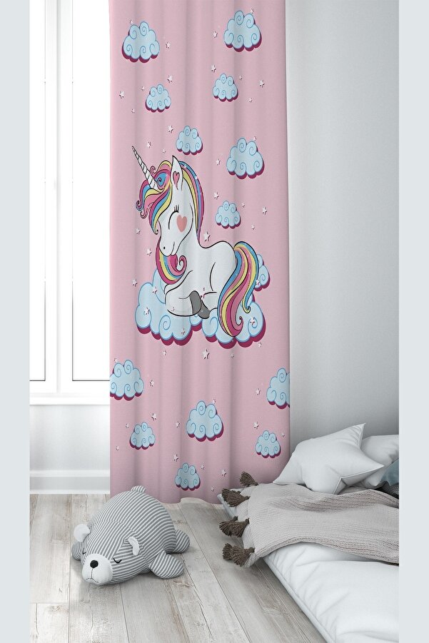 Pelangi Pembe Unicorn Desenli Dijital Baskı Yıkanabilir Bebek Çocuk Odası Fon Perdesi
