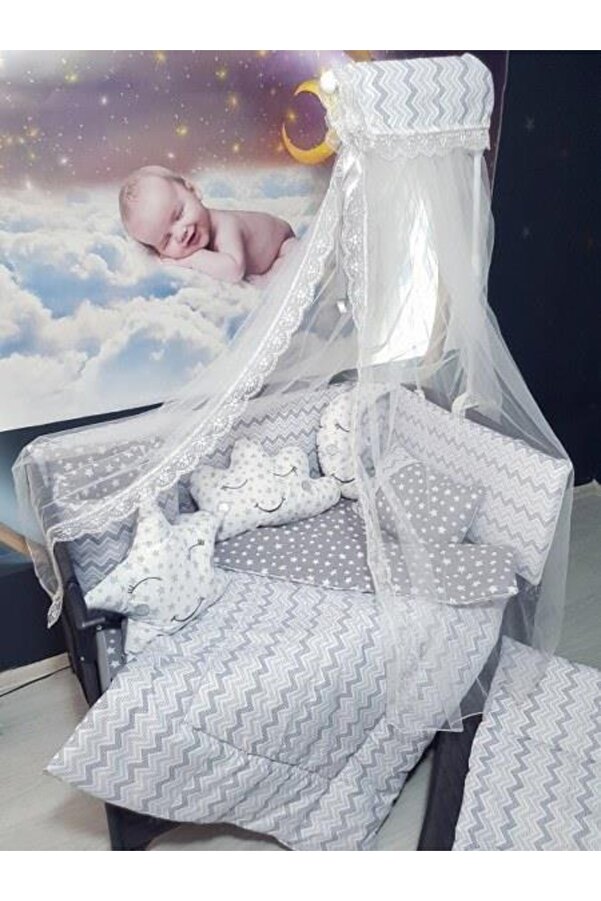 bebek_iklimi 70x120 Bebek Uyku Seti Cibinlikli Ince Zigzag Desen Park Beşiklere Uyumlu 12 Parça (beşik Hariçtir)