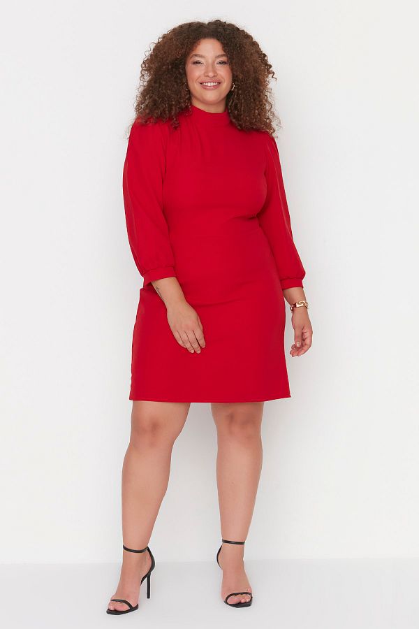 Trendyol Curve Long Sleeve Red Plus Size Mini Dress A Cut Unlined TBBAW23AH00035 Trendyol