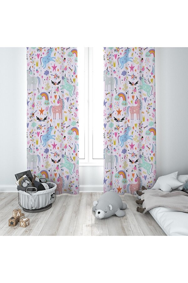 Pelangi Beyaz Unicorn Desenli Dijital Baskı Yıkanabilir Bebek Çocuk Odası Fon Perdesi