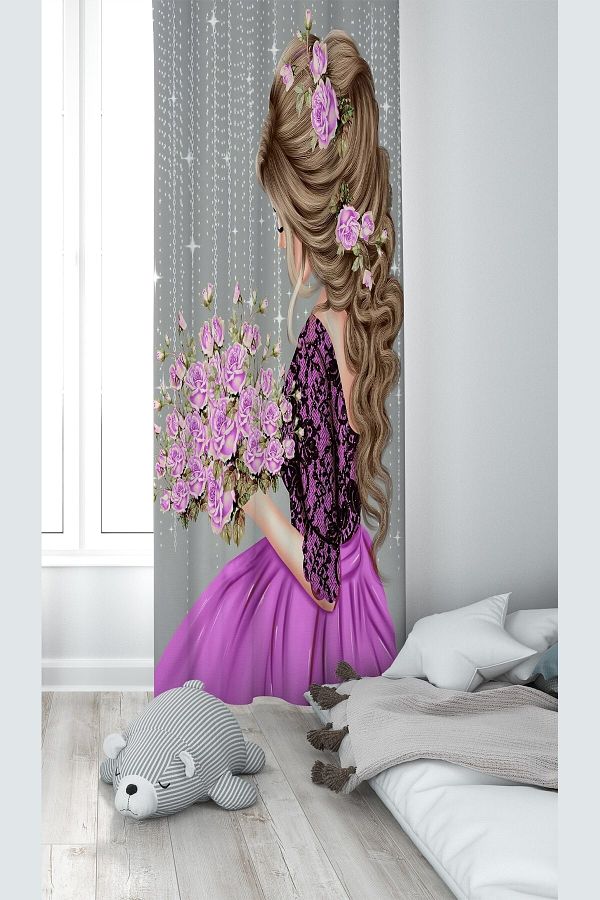 Pelangi-Gray Princess Patterned Digital Printing Washable Baby Kids Room Background Curtain 1