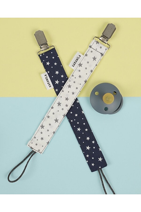 KARAMİLA %100 Pamuk 2'li Yıldız Desen Beyaz Lacivert Kumaş Emzik Askısı - Emzik Zinciri