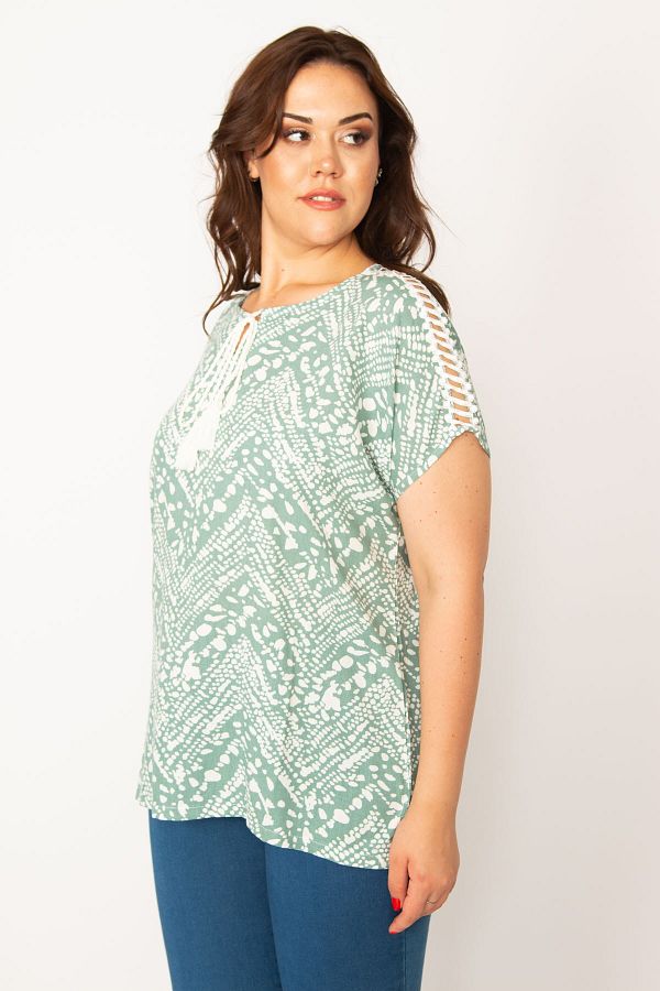 Şans-Women's Large Size Green Shoulder Lace Woven Fabric Collar Lace Blouse 65n33536 1