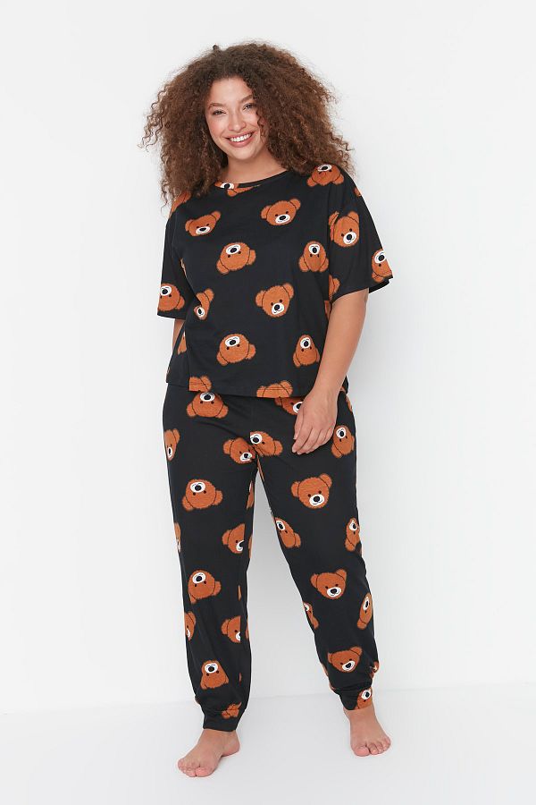 Trendyol Curve-Anthracite Teddy Bear Patterned Knitted Pajamas Set TBBAW23AI00039 1