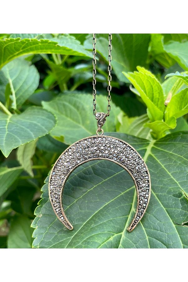Green Orange Marcasite Natural Stone Long Moon Necklace Trendyol