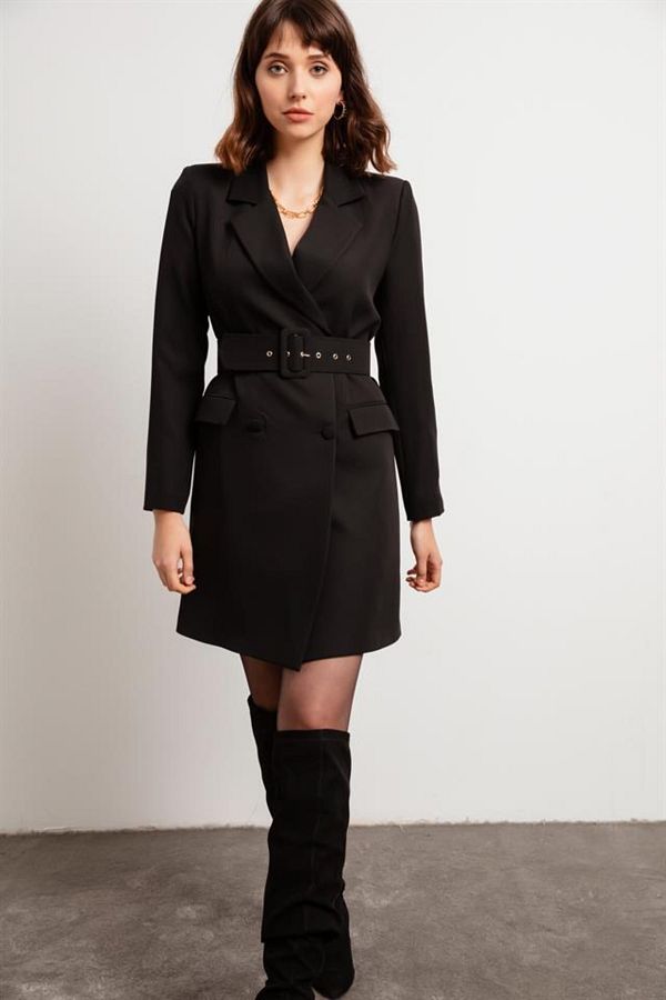 Lafaba Women s Black Belted Jacket Dress Trendyol