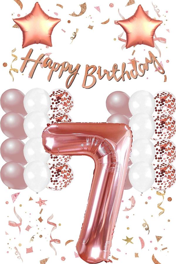 Patladı Gitti-Rose Gold Concept 7 Year Old Birthday Celebration Set; White Gold Confetti Balloon, Number Star Foil and B 1