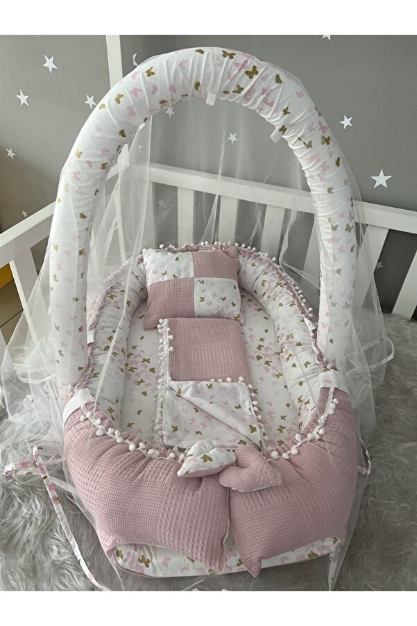 Jaju Baby Pudra Wafle Pike Kumaş Ceylan Tasarım Ponponlu Babynest Ve Yorgan Aparat Ve Tül Set