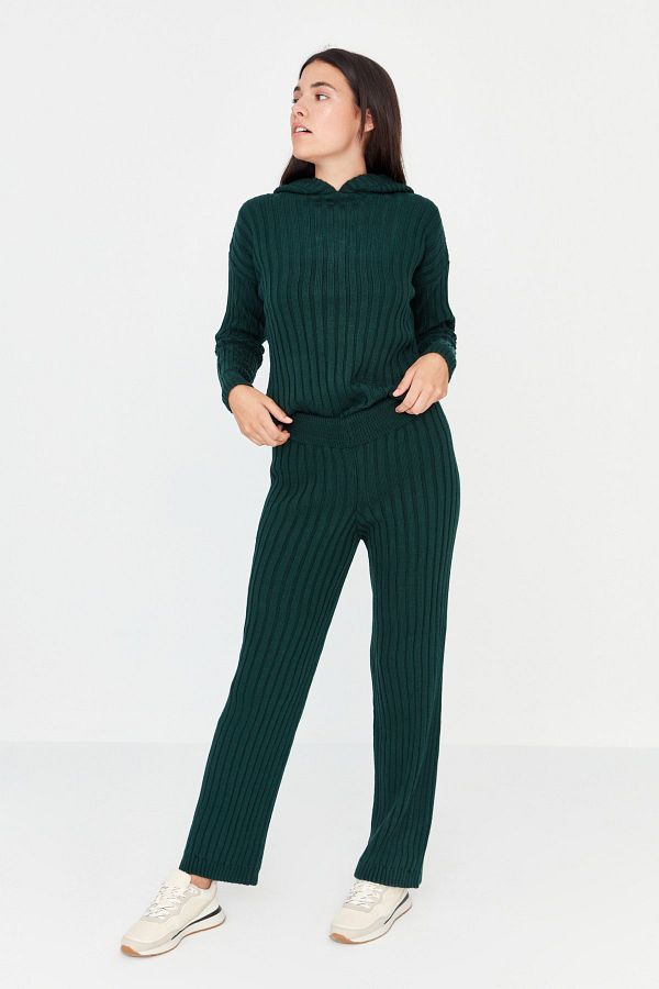 Trendyol Collection-Dunkelgrüne Hose aus geripptem Strick THMAW23PL00010 1