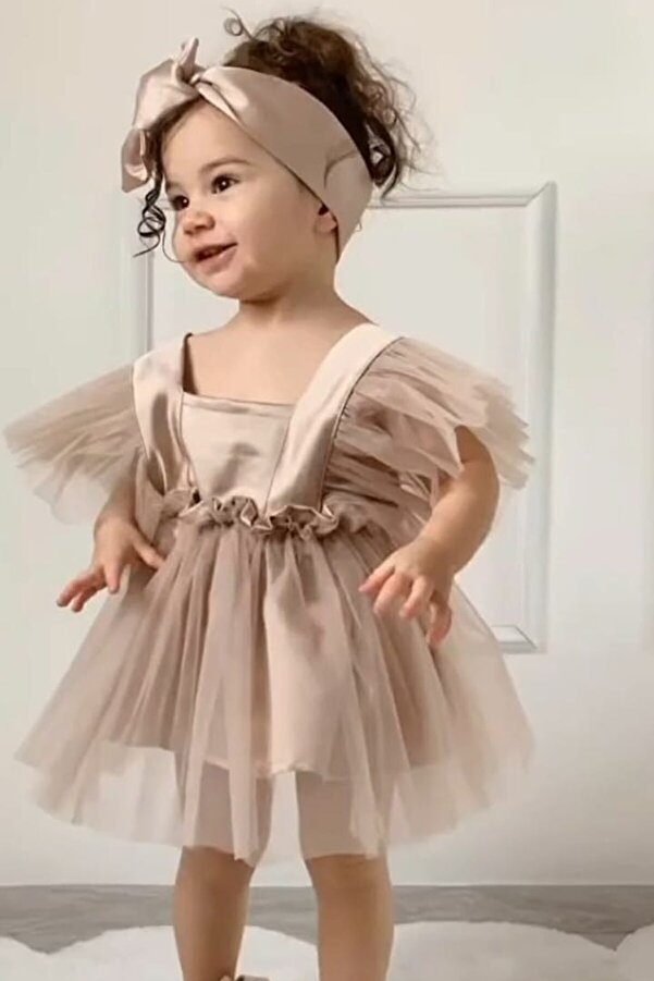 meqlife Sütlü Kahve Kız Çocuk Saten Abiye Elbise Kız Çocuk Doğum Günü Parti Kutlama Kıyafeti