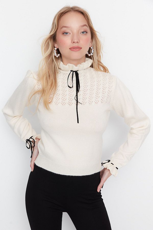 Trendyol Collection-Soft Textured Ecru Knitwear Sweater - Openwork, Hole Ribbon and Bow Detail Twoaw21Kz2355 1