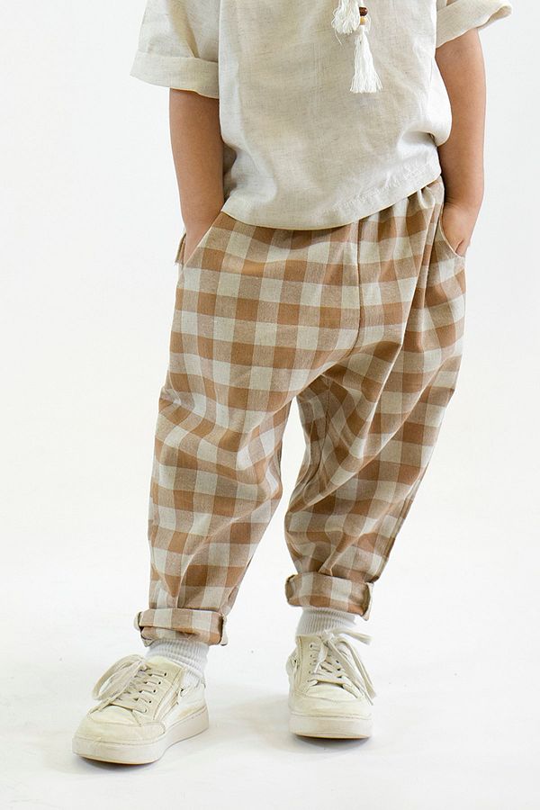 Catz Kids-Carrot Trousers Mink Cream Plaid Linen 1