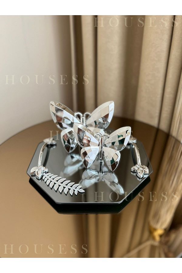 Housess-Decorative Mirrored Leaf Detailed Tray and Set of 2 Silver Butterflies 25x25 Cm 1