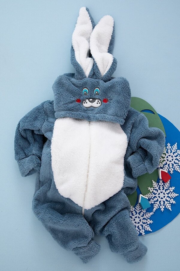 ALYAKİDS Unisex Bebek Mavi Welsoft Tavşan Kulaklı Kışlık Tulum