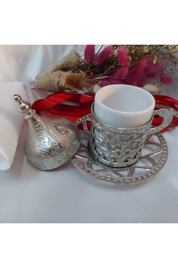Aker Hediyelik-Groom Cup 2 Pieces Silver Gray Special Motif Cup with Base Promise Engagement Coffee Cup with Special Lid 1