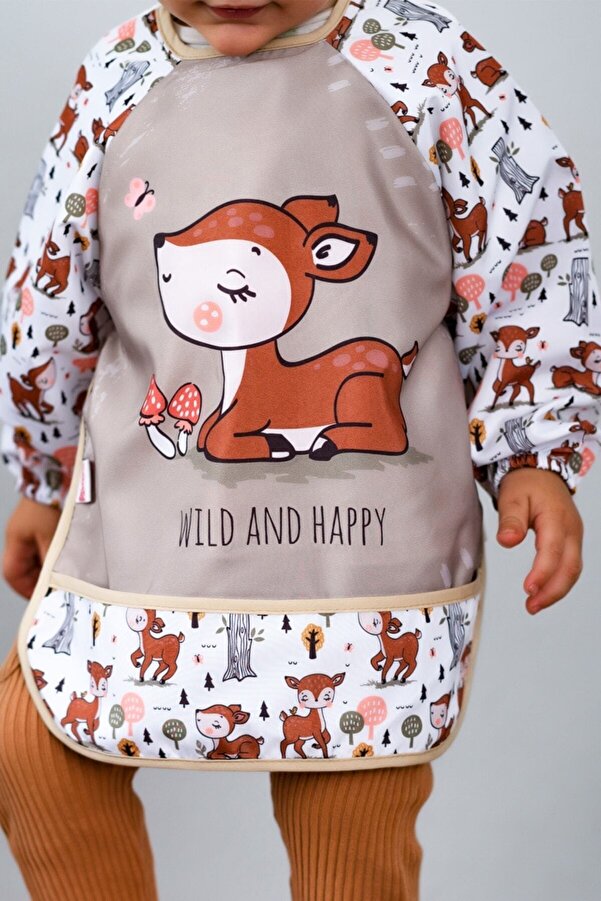 dubi baby Wild And Happy Karaca Desenli Uzun Kollu Unisex Bebek Mama Önlüğü Sıvı Geçirmez 0-2 Yaş