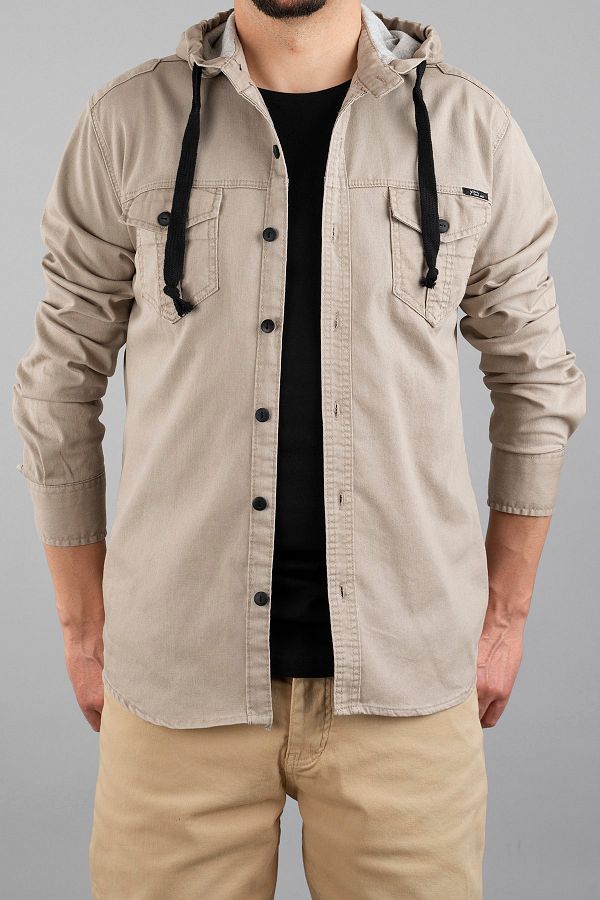 bombe-Ανδρικό τζιν πουκάμισο με κουκούλα Slim Fit Stone Color 1