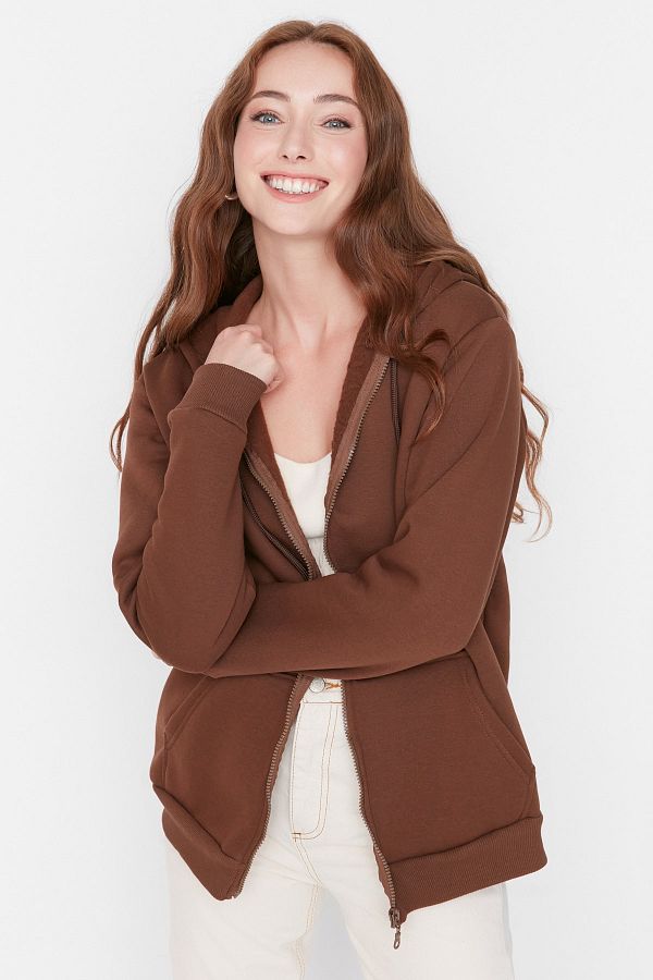Trendyol Collection-Кафяв суитшърт с качулка Oversize/Wide и дебел полар с качулка TWOAW21SW0840 1