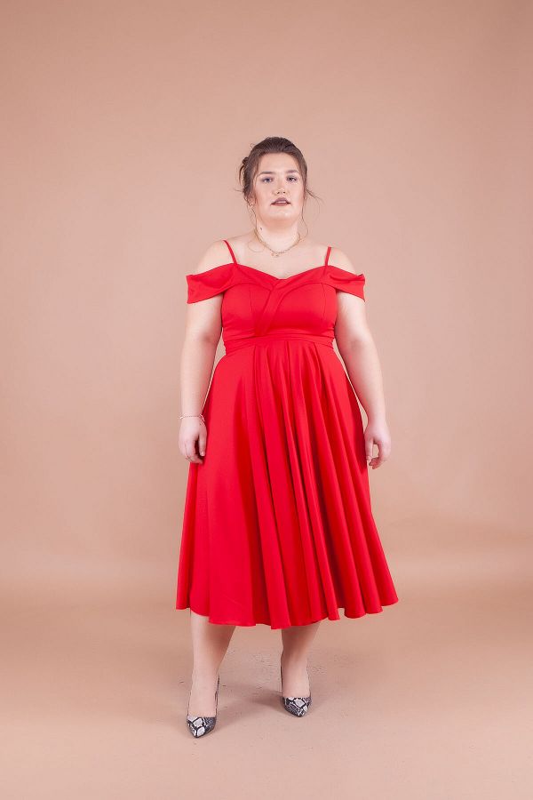 Bidoluelbise Women s Plus Size Strappy Off Shoulder Detail Pleated Midi Dress Trendyol