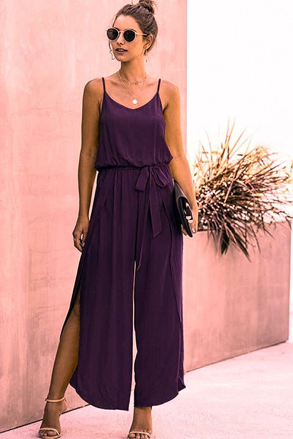 NY MODA-Women's Purple Wide Leg Slits Belted Viscose Jumpsuit 1