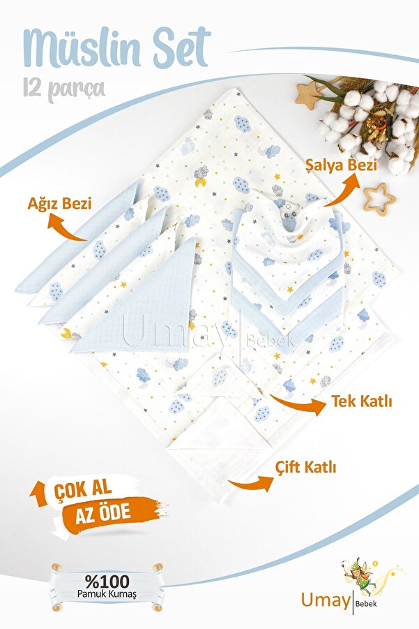 Umaybebek 12 Parça Organik Müslin Bebek Pikesi, Battaniyesi, Ağız Bezi, Salya Bezi, Önlük