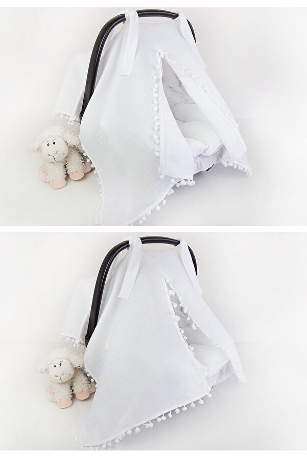 Babynest Puset Örtüsü/bebek Arabası Örtüsü %100 Pamuk Beyaz Müslin Ponponlu Ve Fermuarlı