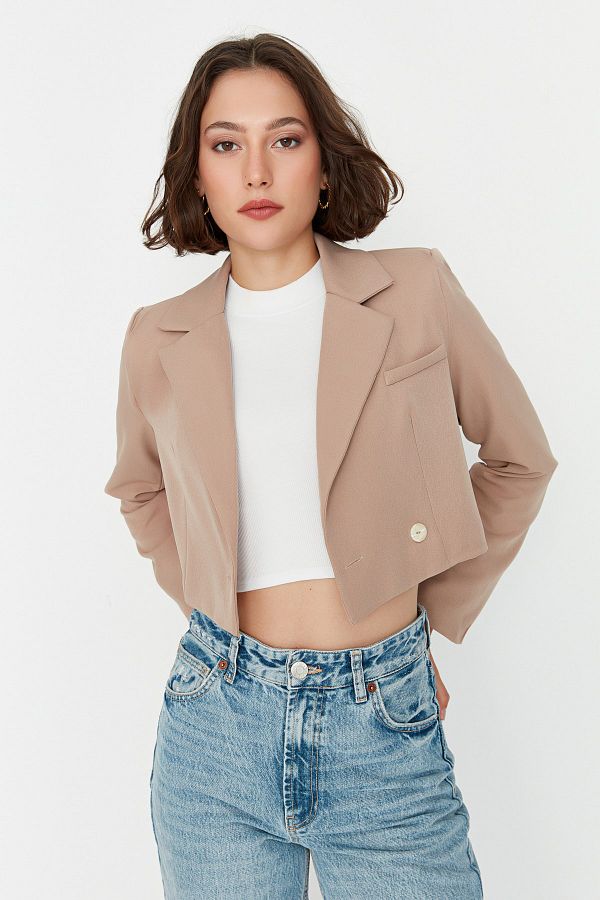 Trendyol Collection-Jachetă blazer căptușită cu țesătură Camel Crop TWOAW22CE0086 1