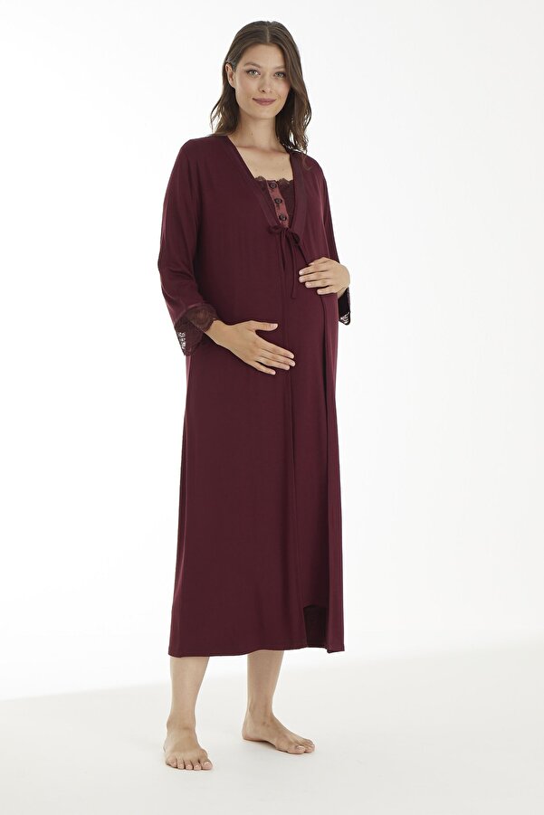 Miss Dünya Lissa Bordo Dantel Detaylı Hamile ve Lohusa Gecelik Takımı