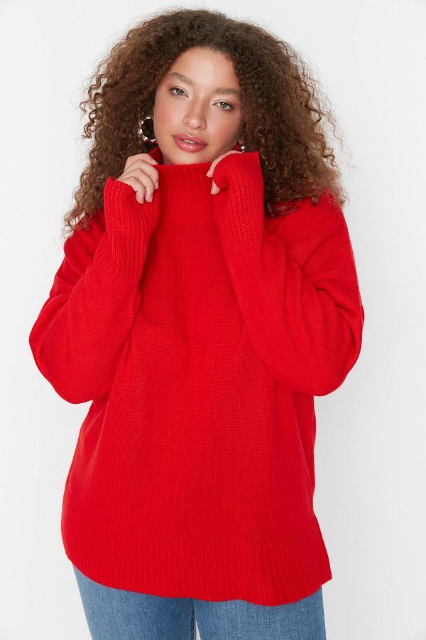 Trendyol Curve-Red Turtleneck Off Shoulder Knitwear Sweater 1