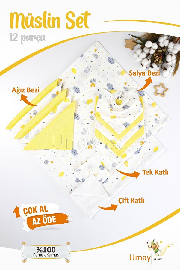 Umaybebek 12 Parça Organik Müslin Bebek Pikesi, Battaniyesi, Ağız Bezi, Salya Bezi, Önlük