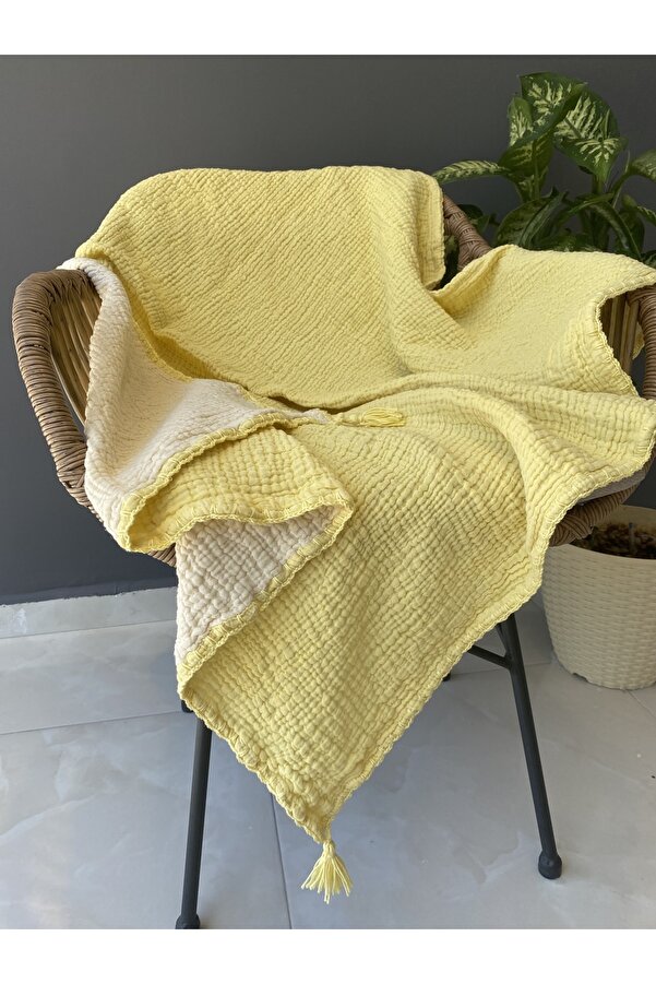 YASEMİNİNEVİ Sarı-ekru Bebek Müslin Örtü, 4 Kat 100% Pamuk Müslin