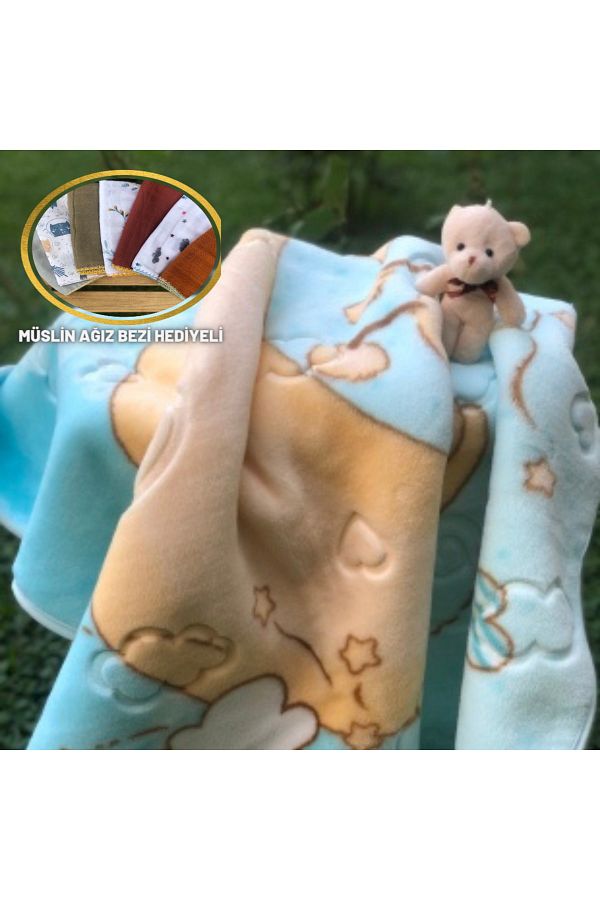 Merinos-Fashion Mink Baby Blanket with Little Plush Teddy Bear and Muslin Mouth Diaper as a Gift 1